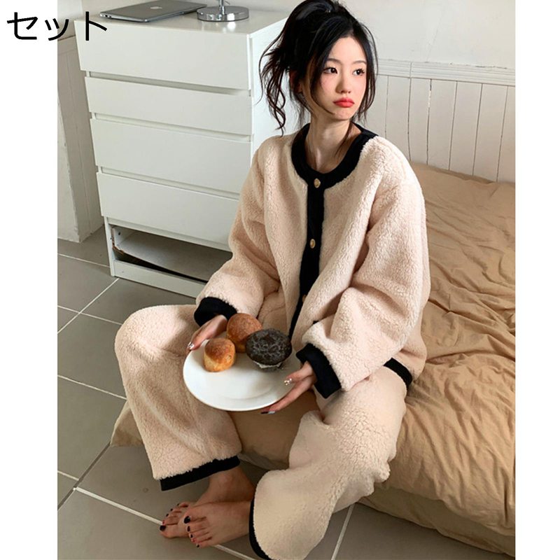 パジャマ レディース 上下セット 秋 冬 春 長袖 パンツ 白黒 もこもこ フランネル フリース起毛 ネルパジャマ 前開 便利服 かわいい 無地 パッチワーク スウィート ふわふわ お姫様 森ガール 大きい S-2XL