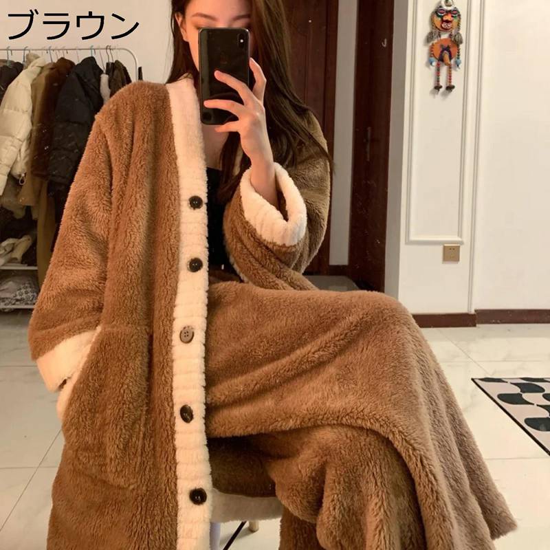 レディース 化粧着 パジャマ ロングズボン下付き添い人 綿ネル 長袖 歳月 冬用 ナイト爵化粧着 ボアフリース ロング丈 パッチワーク 家着 寝巻き ナイト爵御召しもの 通気性 吸汗速乾 感じやすい肌 赤銅色 S-3XL