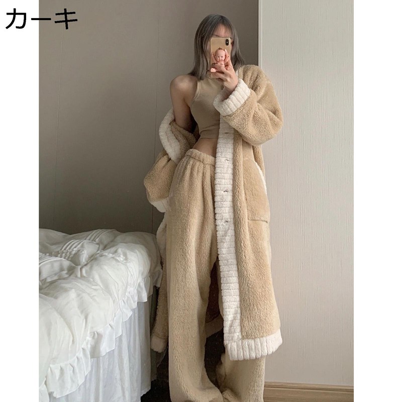 レディース ネグリジェ ナイトガウン ロングパンツ パジャマ フランネル 秋冬 厚手 保温 暖かい ルームウェア 女の子 かわいい ボアフリース フード無し 便利服 お揃い 柔らかい 大きめ 家着 寝間着