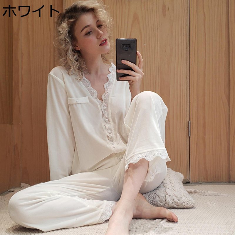 パジャマ ベロア 上下セット レース 春秋 レディース ルームウェア 長袖 ロングパンツ かわいい 無地 ベルベット おしゃれ 柔らかい 大きめ 家着 寝間着 ナイトウェア 通気性 パープル ホワイト ピンク