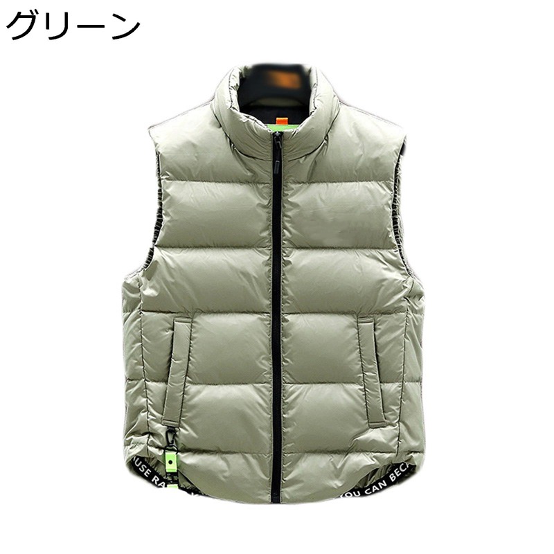 中綿ベスト パファーベスト タートルネック 英字柄飾り 秋冬服 あったか チョッキ 純色 ベスト メンズ 大きいサイズ 厚い 防寒保温 通勤 通学 デイリー ストリート カジュアル 窮屈感ない