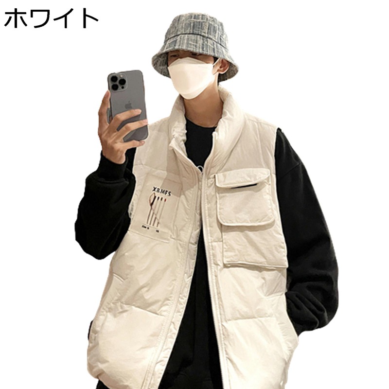 レトロ ダウンベスト 胸ポケット 落書き ハイネック メンズベスト ノースリーブ チョッキ 防寒ベスト 秋服 冬物 軽量 袖なしジャケット ゆったり コーディネート 暖かい お出かけ キャンプ｜ニコニコ生活