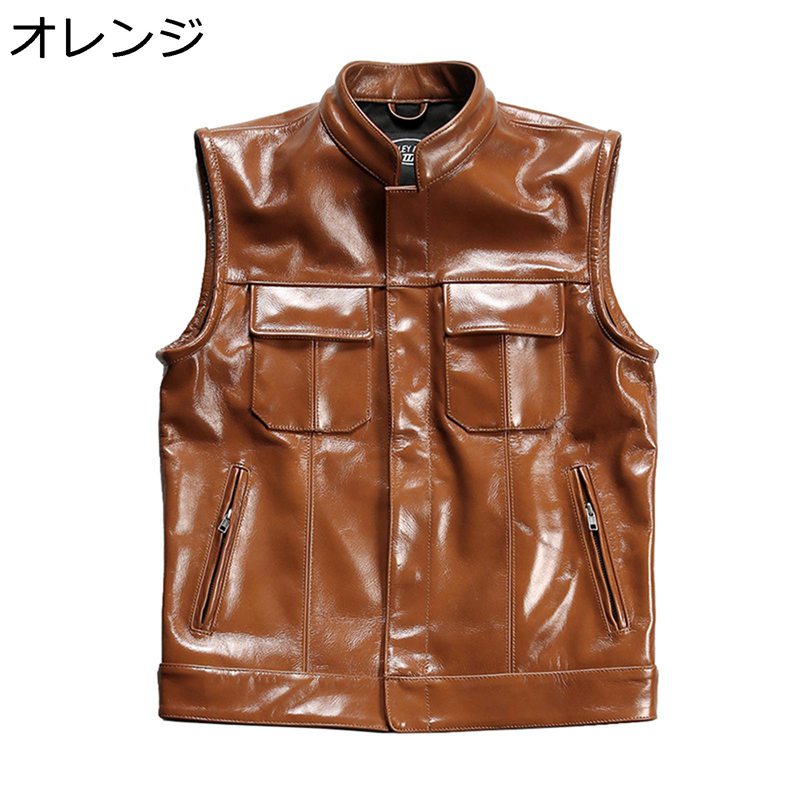 牛革ジャン レザーベスト ビジネスベスト メンズ 本革 光沢 ライダースベスト バイクチョッキ 四季通用 ポケット付き 着痩せ 前開 ワークウェア ジレ 薄手 ストリート系 韓国 撮影 シンプル トップス