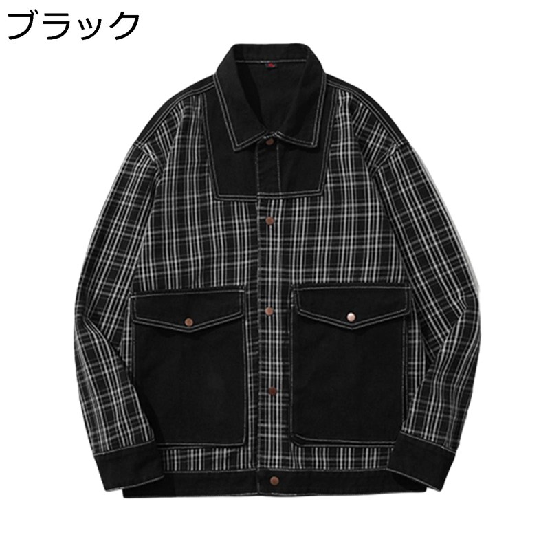 ジャケット メンズ 黒 チェック柄 オシャレ ジャンパー デニムアウター バイカラー ブルゾン 男性用 カジュアル カーゴジャケット ゆったり カッコイイ 長袖 春秋 アウター トップス 薄手 大きいサイズ
