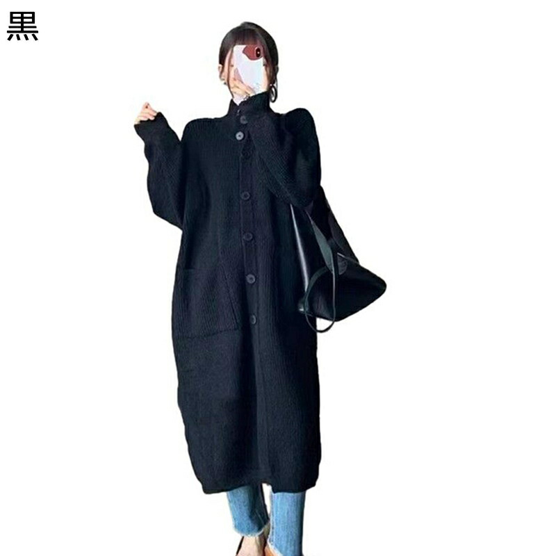 レディース 編み物 ロングジレー ハイネック 立ち襟 衣嚢付き添い人 膝下丈 汗水 上衣 肩かけ 秋用 冬用 ゆる 伸ばすこと アウター 生あたたかい 心地よい 体型押しかぶせる パステル色の