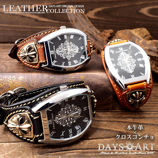 楽天市場 時計 メンズ 腕時計 レザーブレスレットウォッチ 牛革ベルト トノーフェイス イタリアンレザー ゴシッククロスコンチョ ホワイトメタルdz Wc004 シルバー レザーのアジアンアーツ