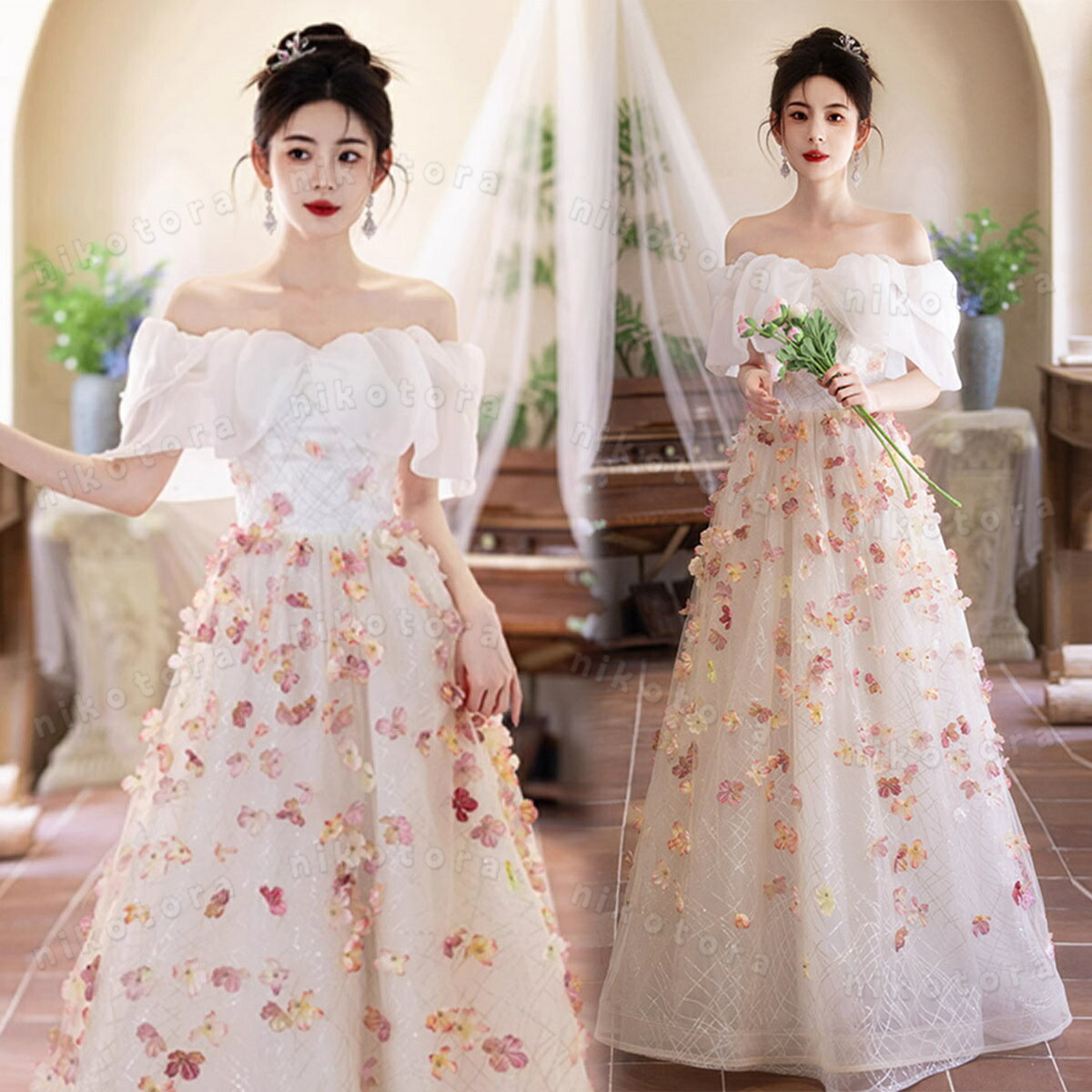 上品な花柄がオシャレなオフショル イブニングドレス♩.• 楽天市場】ワンピース オフショルダー パーティードレス イブニング