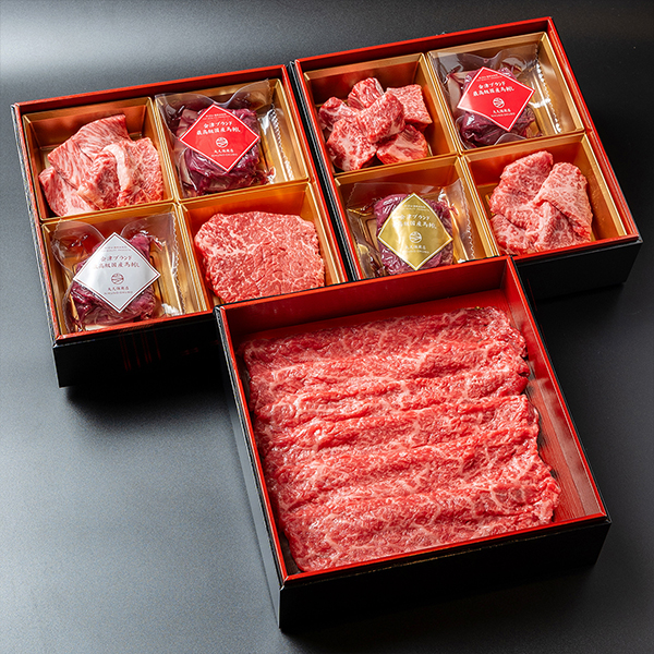 【送料無料】【肉重箱/3段】【ギフト】<br>福島牛ランプステーキ 100g<br>肩ロース 焼肉 70g サイコロステーキ 80g<br>いちぼ すき焼き 150g 焼肉 70g<br>会津ブランド国産馬刺し<br>ランプ/ロース/内もも/ひれ 各50g前後<br>にんにく辛子味噌付き<br>セット 詰め合わせ