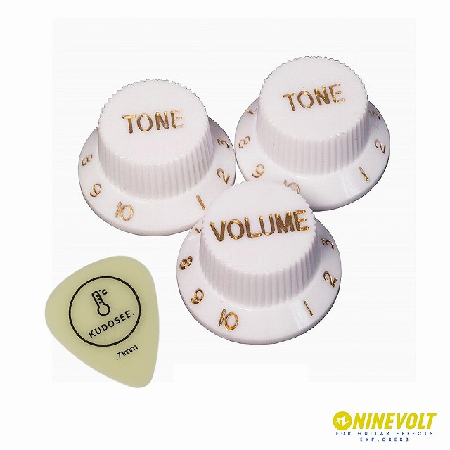 9℃ ストラトキャスター用ノブセット(Volume×1、Tone×2)ホワイト厚みが選べるオリジナルピック付き ギター ノブ インチサイズ ピック