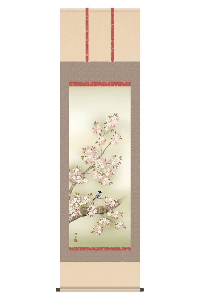 掛軸 掛け軸 花鳥画 春飾り 桜花 桜花に小鳥 洛彩緞子本表装 尺五 長江桂舟 桐箱 【2026年度新作】 h06-snk-kz5a2-127