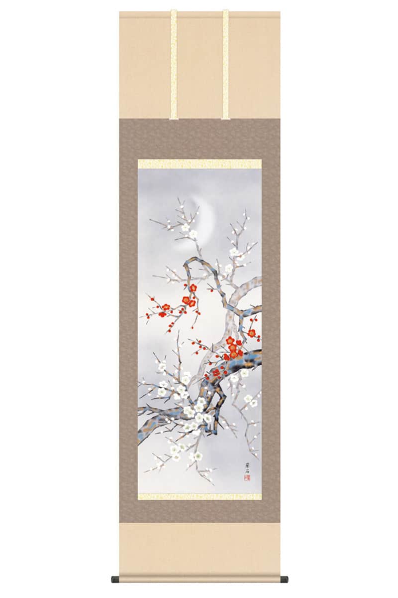 掛軸 掛け軸 花鳥画 四季花鳥揃 四季奏歓 春 単品 紅白梅 洛彩緞子本表装 尺五 高見蘭石 桐箱 【2026年度新作】 h06-snk-kz5a6-40a