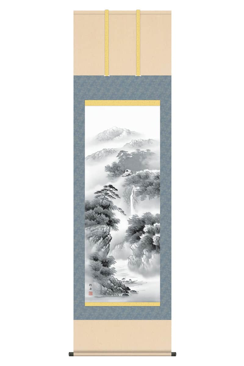 掛軸 掛け軸 山水画 水墨山水 蒼山憧憬 洛彩緞子本表装 尺五 長江桂舟 桐箱 【2026年度新作】 h06-snk-kz5b2-019