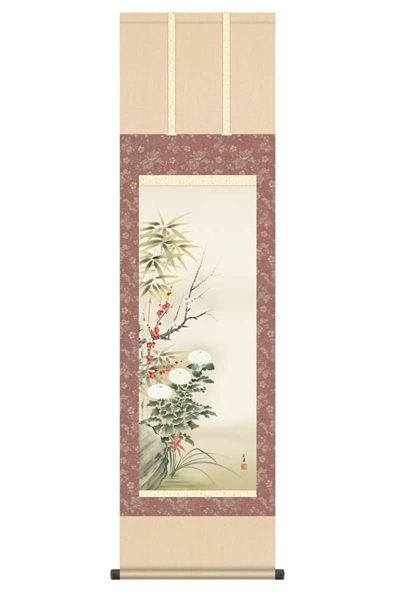 掛軸 掛け軸 花鳥画 年中飾り 四君子 洛彩緞子本表装 尺三 田中広遠 【2026年度新作】 h06-snk-kz5ma1-113