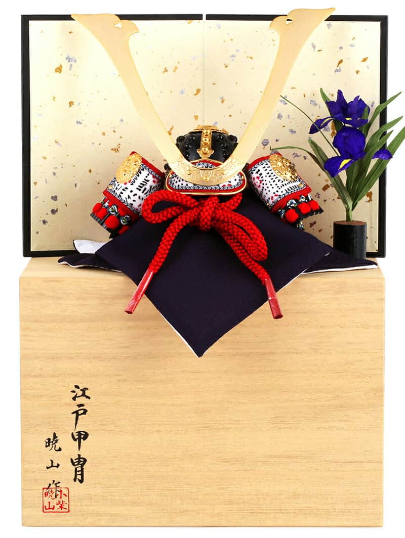 五月あやつり人形 兜平飾りつけ 兜飾りつけ 暁山作 日本の首都甲冑 豆兜 8号 長鍬形 桐箱平飾りつけ書き割り 【2026年次新作】 h265-mi-mini-h-s