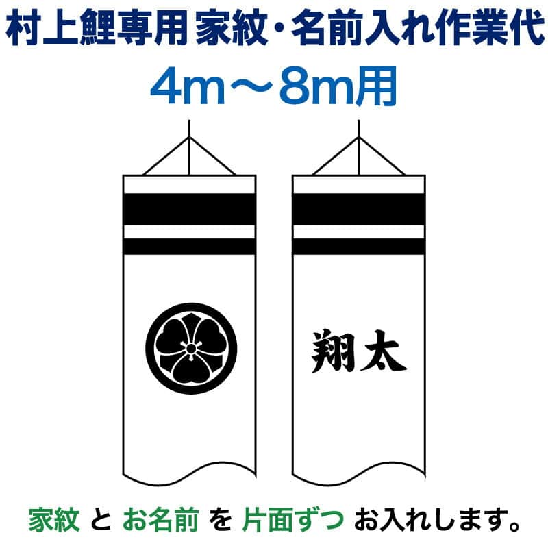 こいのぼり 村上鯉 鯉のぼり 4m～8m 用 家紋1種(片面) 名前1種(片面) M-3 横書き 村上鯉専用 家紋・名前入れ作業代 mk-kamon-m3-4-8