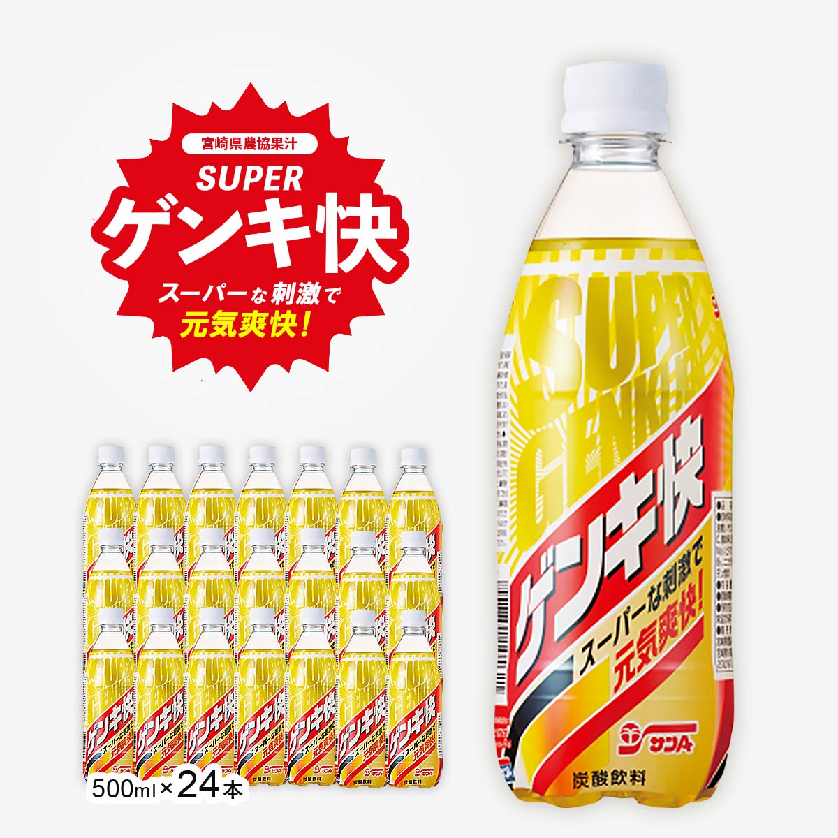 [宮崎県農協果汁(サンA)] ドリンク 【ケース販売】 スーパーゲンキ快 500ml×24本 宮崎県 炭酸飲料 ビタミン系飲料 スッキリ リフレッシュ ペットボトル 箱買い