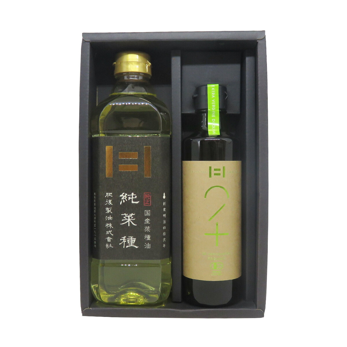 [肥後製油] 菜種油 ギフト 純菜種・有機エクストラバージンオリーブオイル詰合せ 2本セット 600g×1本(純菜種×1)、250g×1本(有機エクストラバージンオリーブオイル×1） /お歳暮 新年のご挨拶 お礼の品 お中元 内祝い プレゼント 九州 熊本県 箱入り なたね油