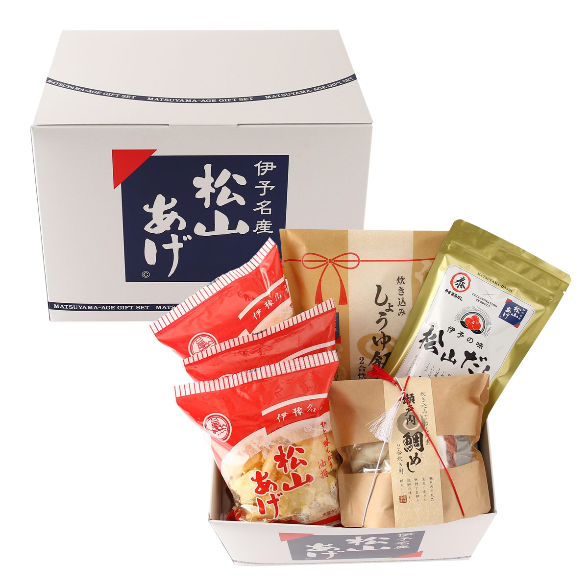 ギフトセット [程野商店] 松山ええものギフトセット 松山だし 70.4g(8.8g×8包)、松山あげ 45g×3袋、炊き込みしょうゆ飯の素 2合炊き用(炊き込みご飯の素 190g、松山あげ 15g)、瀬戸内鯛めし 135g /ギフト 贈り物 プレゼント お歳暮 お中元 ご挨拶 詰め合わせ