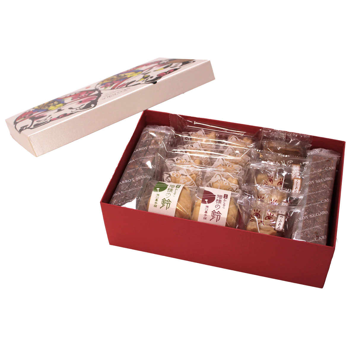 和菓子ギフト 送料無料 [瀬川菓子舗] 猫箱(大) キャロット他5種の詰め合わせ キャロット(プレーン、ココア、抹茶)、2個入ねこさく、猫もなか(こしあん、粒あん)、ミニ羊羹(本練・小倉・抹茶)、追い出し猫せんべい、おしるこ(小豆、抹茶) /最中 お中元 お歳暮 お礼