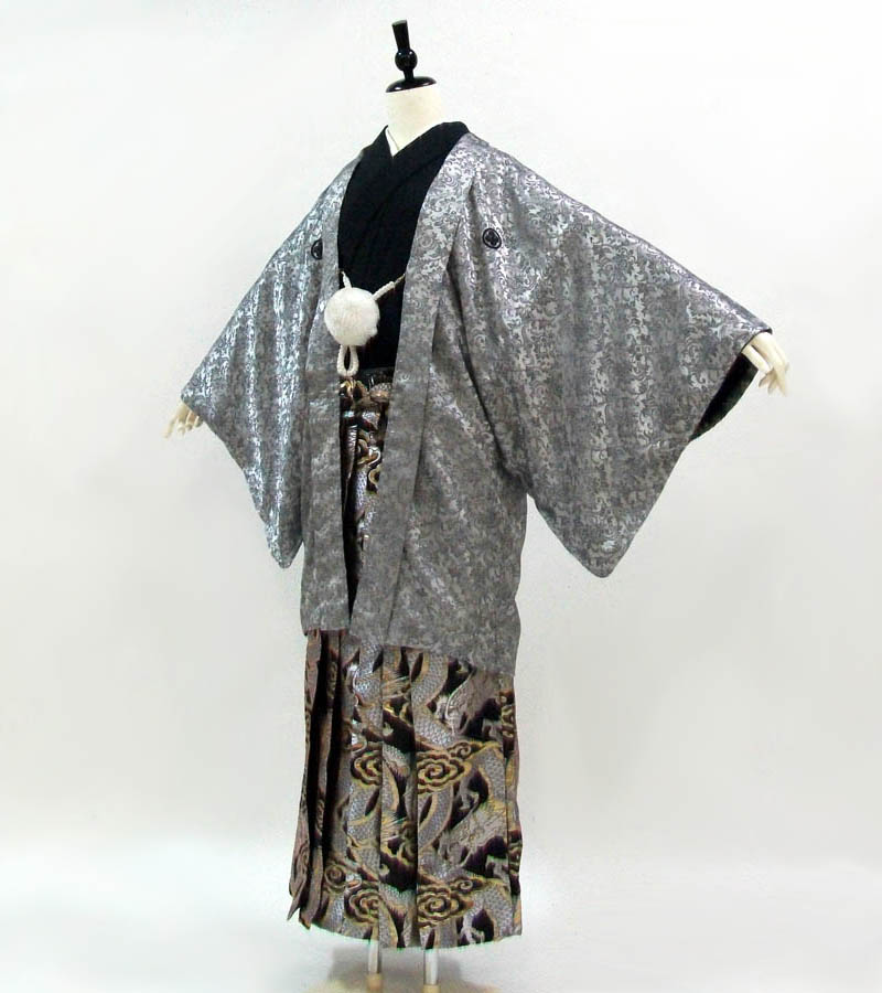 【レンタル】 紋付袴 9点セット【対応身長：170cm～175cm】羽織袴レンタル フルセット men008-p (mb119-hb132)【往復送料無料】 羽織袴 レンタル 卒業袴 グレー 黒 唐花 龍 羽織袴 紋 丸に違い鷹の羽 結婚式 披露宴 卒業式