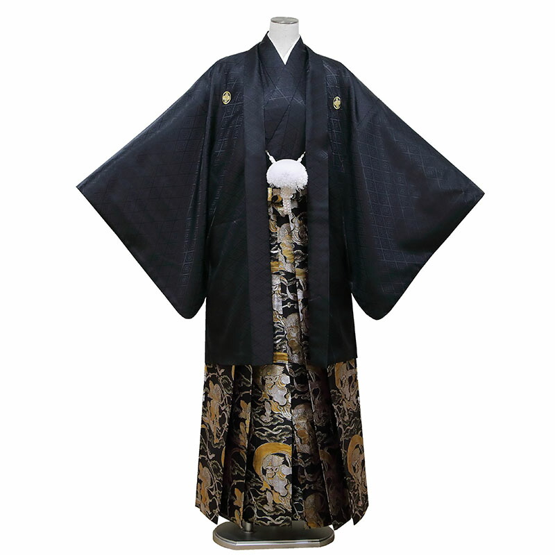 【レンタル】 成人式 紋付袴 9点セット【対応身長：175cm～180cm】羽織袴レンタル フルセット men023-s (mb098-hb144)【往復送料無料】 二十歳 羽織袴 レンタル 成人式 袴 黒 無地 風神雷神 羽織袴 紋 丸に違い鷹の羽 20歳 成人式