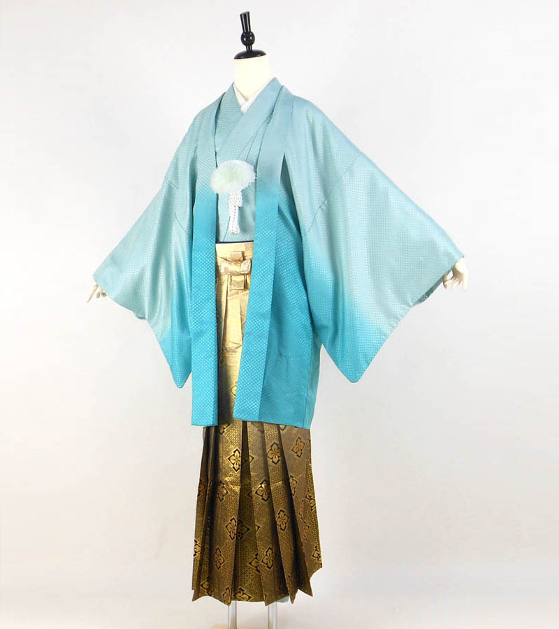 【レンタル】 紋付袴 9点セット【対応身長：175cm～180cm】羽織袴レンタル フルセット men025-p (mb066-hb092)【往復送料無料】 羽織袴 レンタル 卒業袴 水色 無地 松皮菱に花菱 羽織袴 紋 丸に違い鷹の羽 結婚式 披露宴 卒業式｜かしいしょう錦