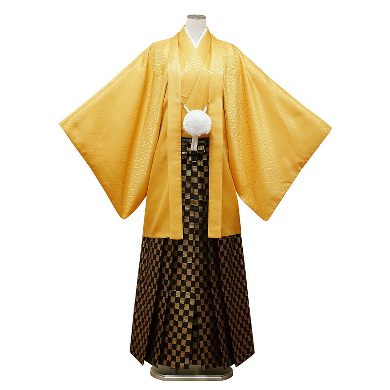 【レンタル】 成人式 紋付袴 9点セット【対応身長：165cm～170cm】羽織袴レンタル フルセット men035-s (mb112-hb048)【往復送料無料】 二十歳 羽織袴 レンタル 成人式 袴 オレンジ 無地 市松 羽織袴 紋 丸に違い鷹の羽 20歳 成人式｜かしいしょう錦