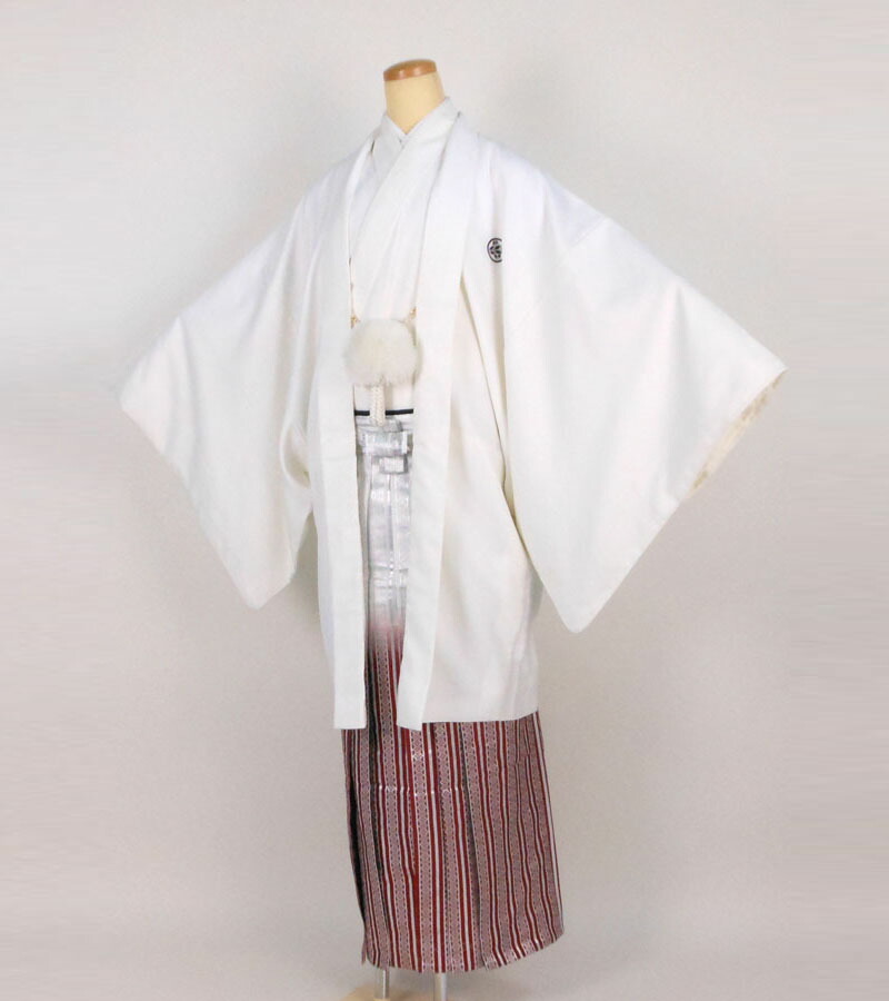 【レンタル】 成人式 紋付袴 9点セット【対応身長：180cm～185cm】羽織袴レンタル フルセット men042-s (mb125-hb113)【往復送料無料】 二十歳 羽織袴 レンタル 成人式 袴 白 無地 ストライプ 羽織袴 紋 丸に違い鷹の羽 20歳 成人式｜かしいしょう錦