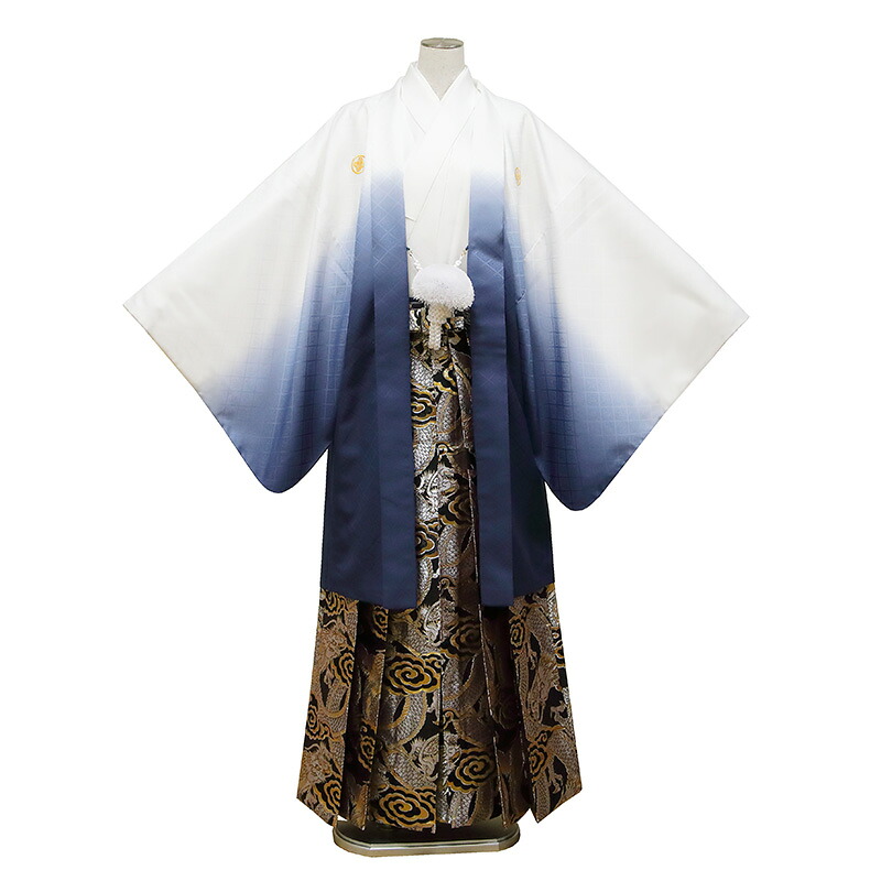 【レンタル】 成人式 紋付袴 9点セット【対応身長：180cm～185cm】羽織袴レンタル フルセット men043-s (mb099-hb098)【往復送料無料】 二十歳 羽織袴 レンタル 成人式 袴 白 紺 ネイビー 無地 龍 羽織袴 紋 丸に違い鷹の羽 20歳 成人式
