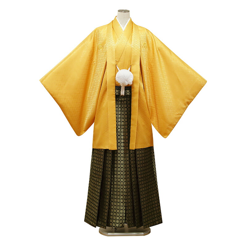 【レンタル】 成人式 紋付袴 9点セット【対応身長：170cm～175cm】羽織袴レンタル フルセット men084-s (mb112-hb013)【往復送料無料】 二十歳 羽織袴 レンタル 成人式 袴 黄 イエロー 無地 松 羽織袴 紋 丸に違い鷹の羽 20歳 成人式｜かしいしょう錦 13,986円