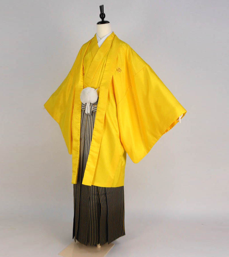 【レンタル】 成人式 紋付袴 9点セット【対応身長：185cm～190cm】羽織袴レンタル フルセット men087-s(mb120-hb093) 【往復送料無料】 二十歳 羽織袴 レンタル 成人式 袴 黄 イエロー 無地 ストライプ 羽織袴 紋 丸に違い鷹の羽｜かしいしょう錦
