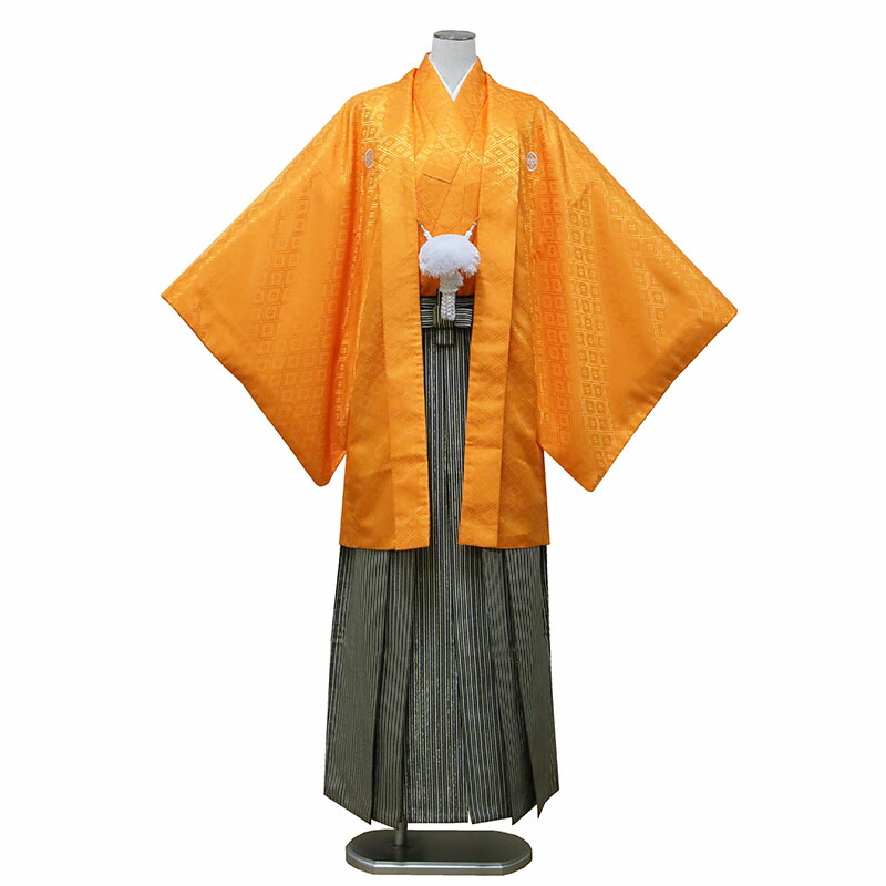 【レンタル】 紋付袴 9点セット【対応身長：170cm～175cm】羽織袴レンタル フルセット men202-p (mb52-hb017)【往復送料無料】 羽織袴 レンタル 卒業袴 オレンジ 無地 ストライプ 羽織袴 紋 丸に違い鷹の羽 結婚式 披露宴 卒業式