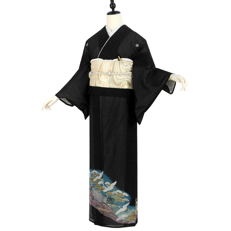 【期間限定クーポン配布中】【レンタル】 黒留袖 18点セット 留袖レンタル フルセット ts-004 【往復送料無料】 黒留袖 絽 Mサイズ レンタル 黒留袖 青 紫 松 鶴 黒留袖 夏用 着物 7月 8月 紋 五三桐 レディース レンタル着物 結婚式 披露宴 観劇 参列