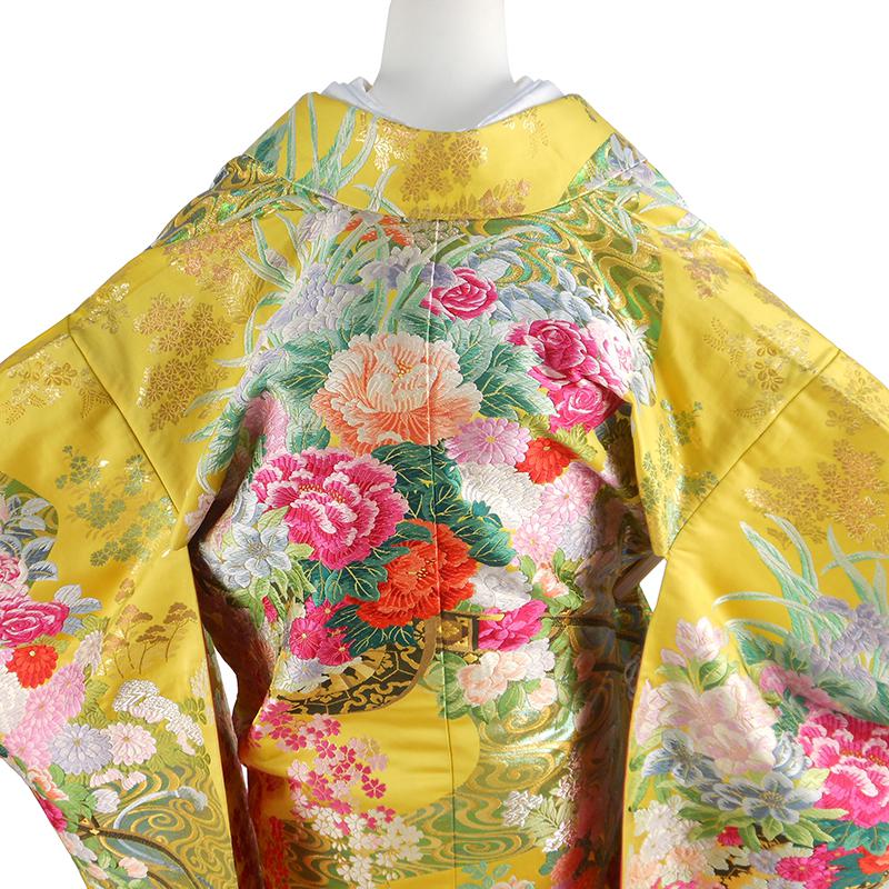 【レンタル】色打掛・紋付袴18点セット打掛レンタルフルセットiu041【往復送料無料】打掛レンタル結婚式打掛黄イエロー花車打掛紋丸に違い鷹の羽レンタル着物結婚式披露宴