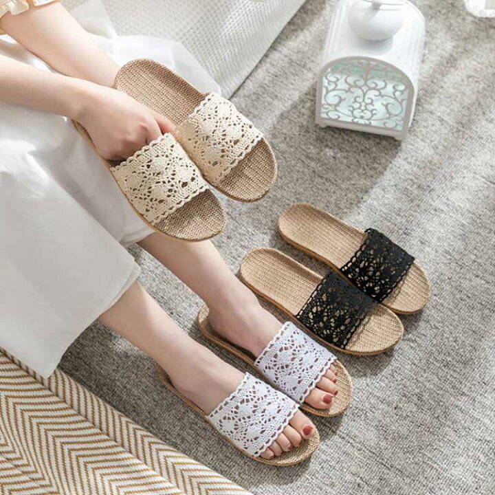 送料無料 ルームシューズ 夏用 室内 スリッパ レース リネン 室内履き サンダル 夏 レディース ベランダ サンダル 麻 おしゃれ 洗える 春用 夏用 サンダル 涼しい 滑り止め 来客用 自宅用 Letempslev K7a Com