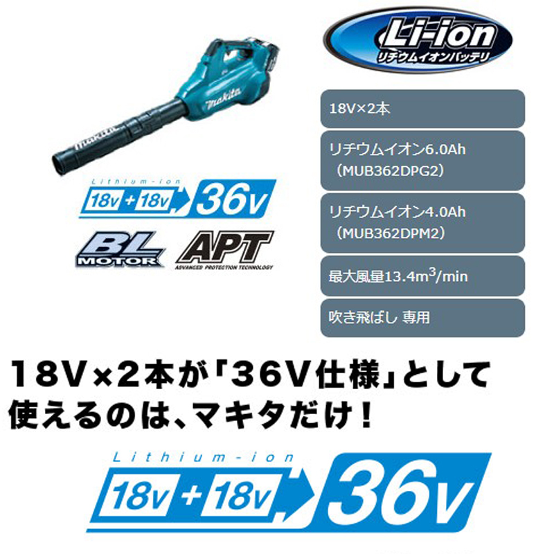 Makita マキタ 充電式ブロワ (バッテリー・充電器付) MUB362DPG2