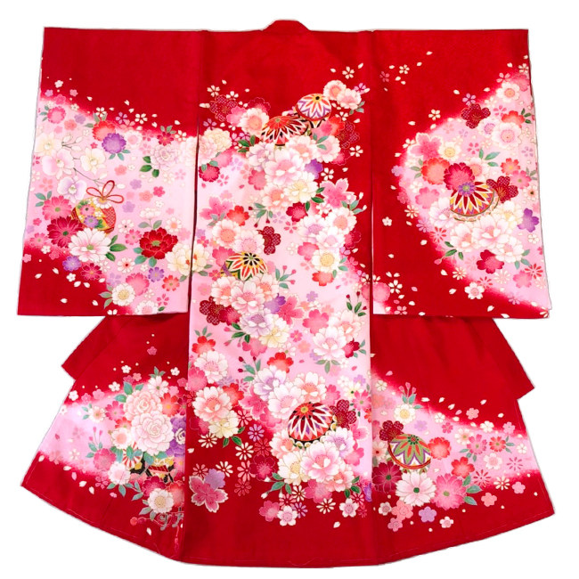 日本製 高級 お宮参り女児宮まいり初着正絹仕立て-手毬、牡丹、バラ