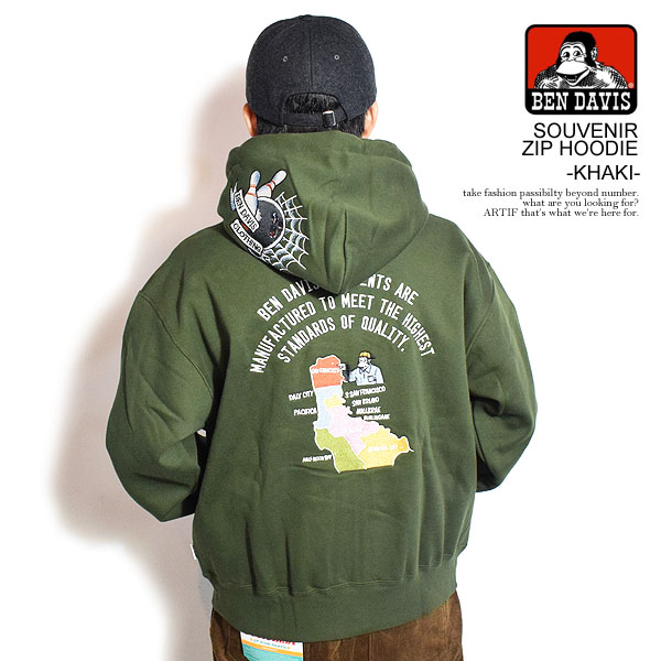 20％OFF SALE セール ベンデイビス BEN DAVIS SOUVENIR ZIP HOODIE -KHAKI- c-25780053k メンズ パーカー ジップパーカー 裏起毛 ヘビーウェイト 送料無料 ストリート