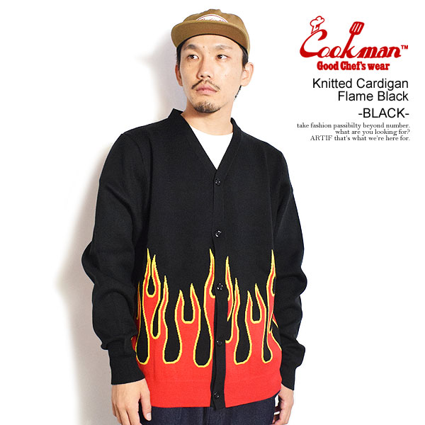 クックマン COOKMAN Knitted Cardigan Flame Black -BLACK- 231-53535 メンズ カーディガン ニット フレームス柄 送料無料 ストリート