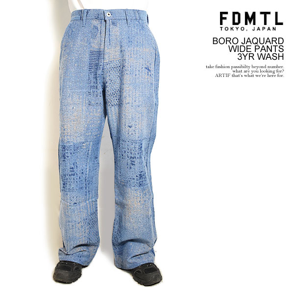ファンダメンタル FDMTL BORO JAQUARD WIDE PANTS 3YR WASH fa25-pn37u メンズ パンツ デニム インディゴ パッチワーク 刺し子 送料無料 ストリート|nisky