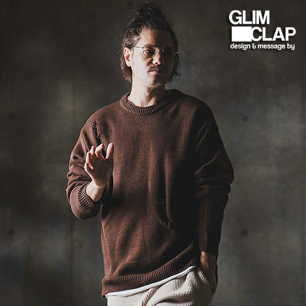 2025 秋冬 1st 此れから取って置く 9月上旬～中旬入荷予定を組む グリムクラップ GLIMCLAP Mid-gauge crewneck sweater -Distressed for a vintage look- 19-025-gla-cf メンズ 編み物 貨物輸送無料 取り止める不可 トップス-ニット・セーター