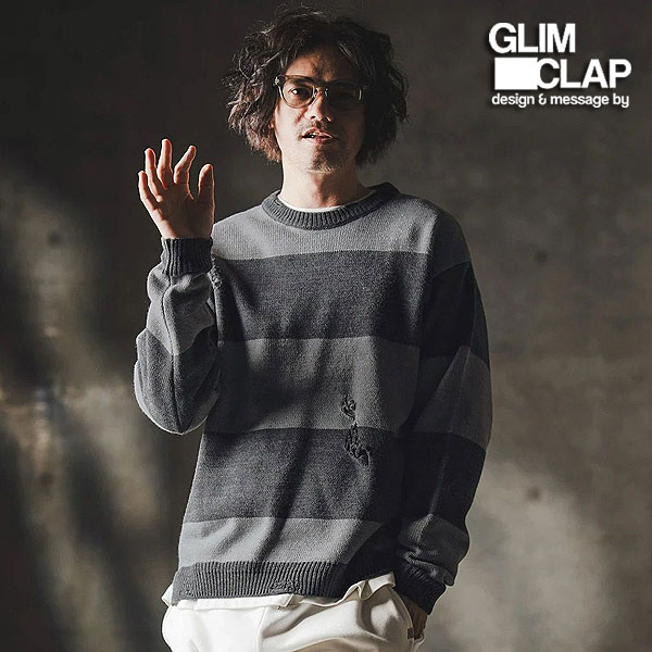 【お取り寄せ 30%OFF SALE セール】グリムクラップ GLIMCLAP Mid-gauge crewneck border sweater-Distressed for a vintage look- 19-026-gla-cf メンズ ニット 送料無料 キャンセル不可｜nisky
