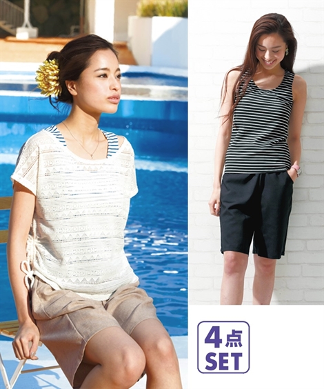 楽天市場】水着 レディース 透かし編み Tシャツ付 タンキニ 4点