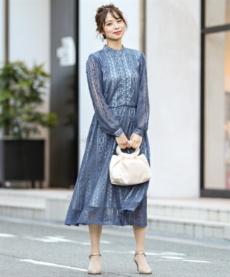 8l ドレス ニッセン パーティー 大きいサイズ スタンドカラー レディース 前開き ボタン スタンドカラー 前開き 総レース ワンピース 結婚式 二次会 お呼ばれ対応 ネイビー ブルーグレー 黒 8l ニッセン Nissen ニッセン 店