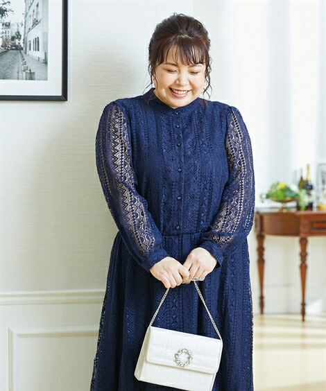 8l ドレス ニッセン パーティー 大きいサイズ スタンドカラー レディース 前開き ボタン スタンドカラー 前開き 総レース ワンピース 結婚式 二次会 お呼ばれ対応 ネイビー ブルーグレー 黒 8l ニッセン Nissen ニッセン 店