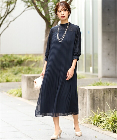 安い購入 ドレス パーティー 大きいサイズ レディース ヨーク レース切替 スタンドカラー プリーツ ワンピース 結婚式 二次会 お呼ばれ セミ フォーマル対応 ネイビー 黒 8l ニッセン Nissen 爆安プライス Wildliferemovalspecialist Org