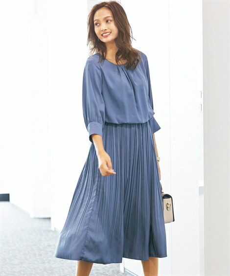 最新作の 切替 プリーツ 7分袖 レディース 大きいサイズ マキシ ロング ワンピース アイスブルー 黒 Nissen ニッセン L Ll 3l Zzy43a1537 Spmau Ac In