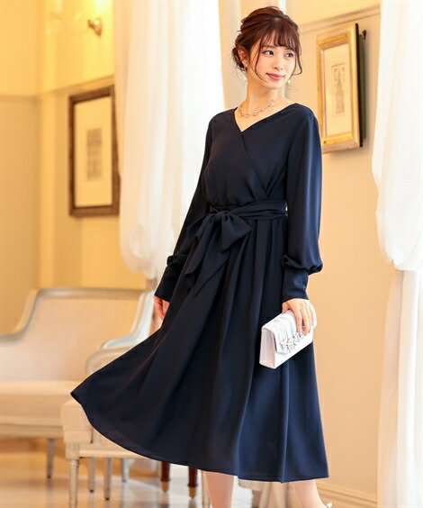 内祝い ドレス パーティー レディース ウエスト ベルト付き Vネック ギャザー ワンピース 結婚式 二次会 お呼ばれ セミフォーマル対応 披露宴 謝恩会 同窓会 卒業式 パーティドレス 可愛い 大人 代 30代 40代 体形カバー ネイビー モカ S M L ニッセン Nissen 注目の