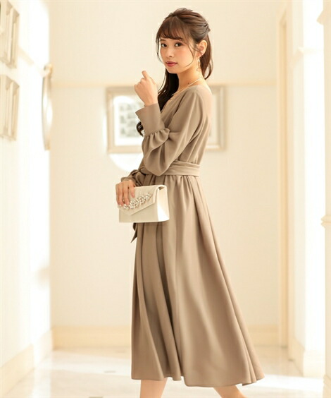 内祝い ドレス パーティー レディース ウエスト ベルト付き Vネック ギャザー ワンピース 結婚式 二次会 お呼ばれ セミフォーマル対応 披露宴 謝恩会 同窓会 卒業式 パーティドレス 可愛い 大人 代 30代 40代 体形カバー ネイビー モカ S M L ニッセン Nissen 注目の