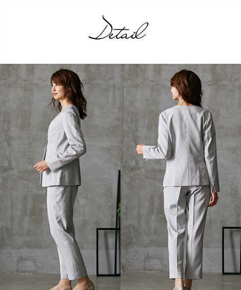 スーツ レディース 洗える リネン ブレンド ストレッチ パンツ カラーレス ジャケット テーパード ライトグレー 黒 Ll 3l ニッセン Nissen ニッセン 店